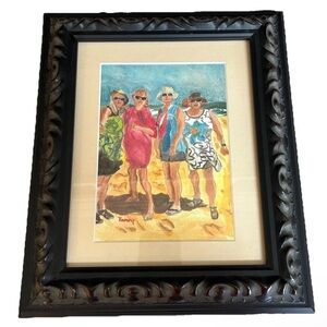 Original Watercolor Ladies Day At The Beach Signed Professional Framed 11x14